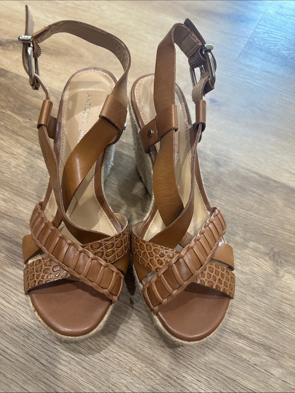 ANTONIO MELANI Brown Braided Espadrille Wedge Sandals